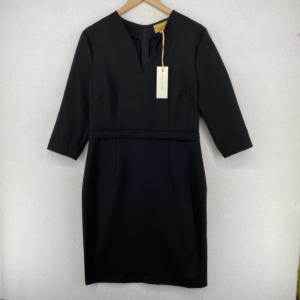 TAVROVSKA Dress 42 V-Neck 3/4 Sleeve Pencil Sheath Empire Waist Black NEW